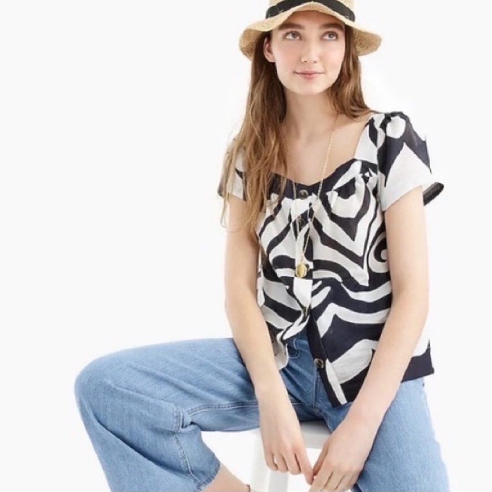 J. Crew Point Sur Ratti Wave Navy Blue White Button Front Poplin Top